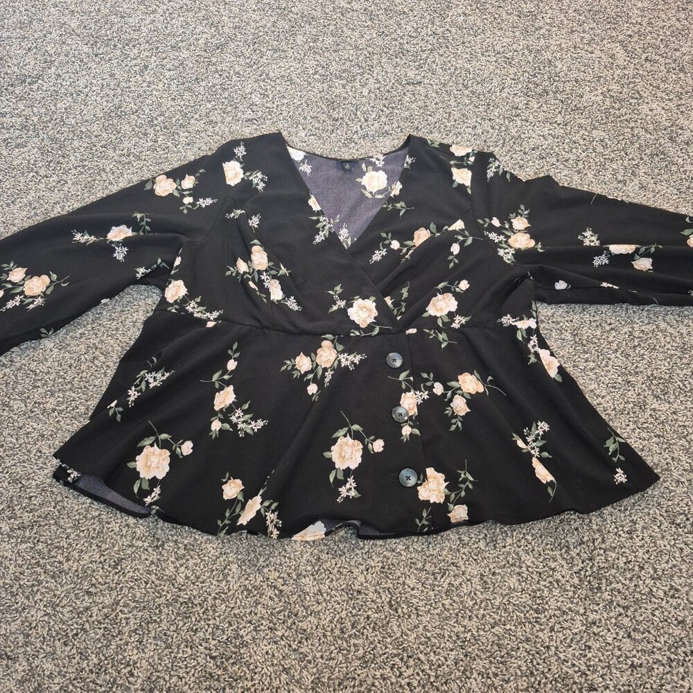Torrid Blouse Black Peplum Floral Long Sleeve V-Neck Plus Size 4X